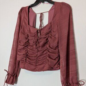 AUDREY PARKS by Francesca's Long Sleeve Blush Pink Chiffon Crop Top; Size L